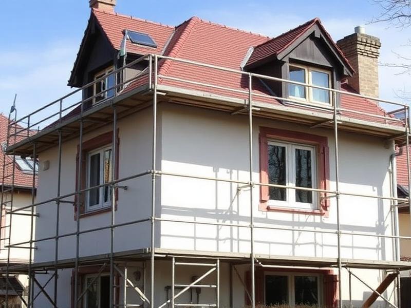 Échafaudage installé autour d'une maison en rénovation de toit
