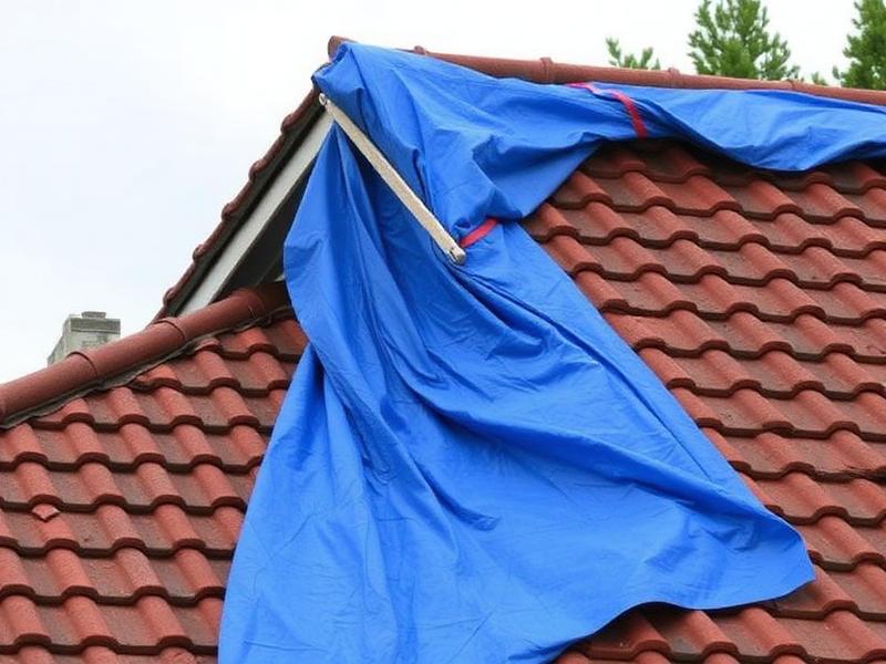Bâche de protection posée en urgence sur une toiture endommagée